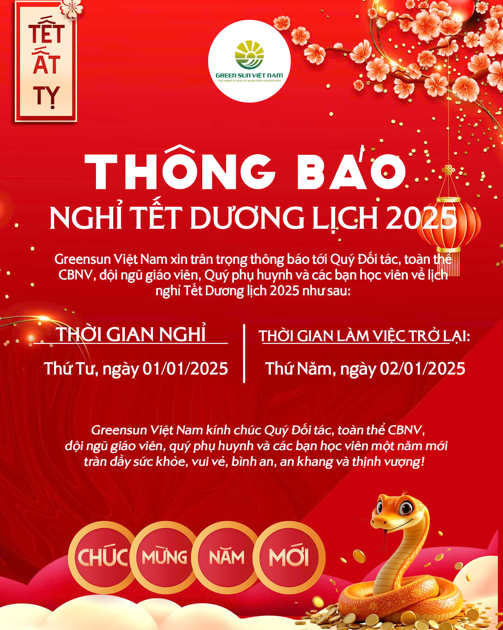 Greensun Việt Nam Thông báo lịch nghỉ Tết dương lịch 2025